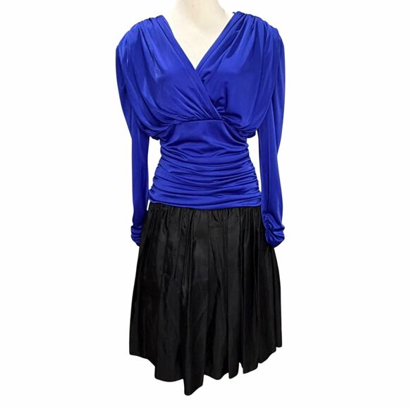 Vintage 80s Filigree Cocktail Dress Womens 10 Blue Black Ruched Drape Retro Glam - Picture 2 of 14